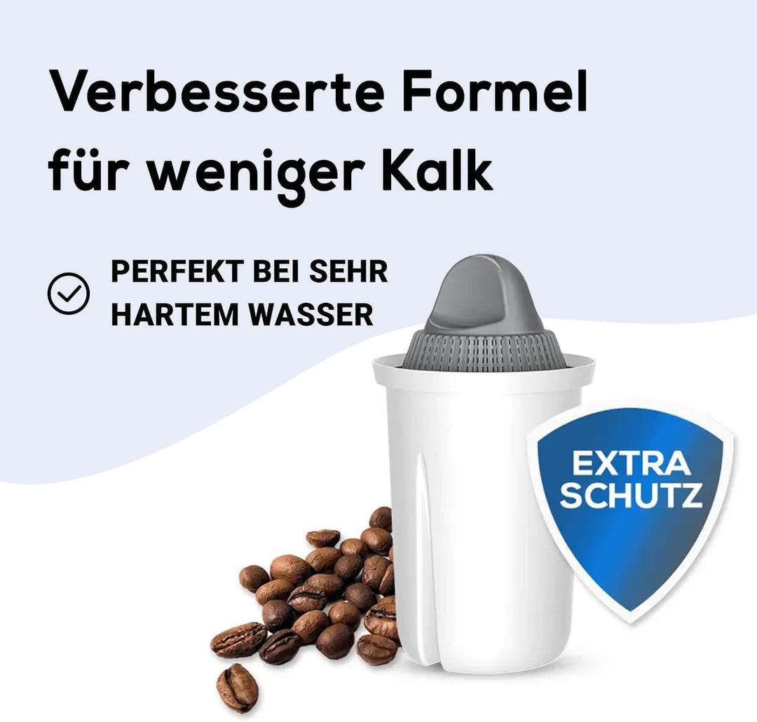 GLAS-Wasserfilter PearlCo (rot) mit 3 Protect+ classic Filterkartuschen (f. hartes Wasser) - Made in