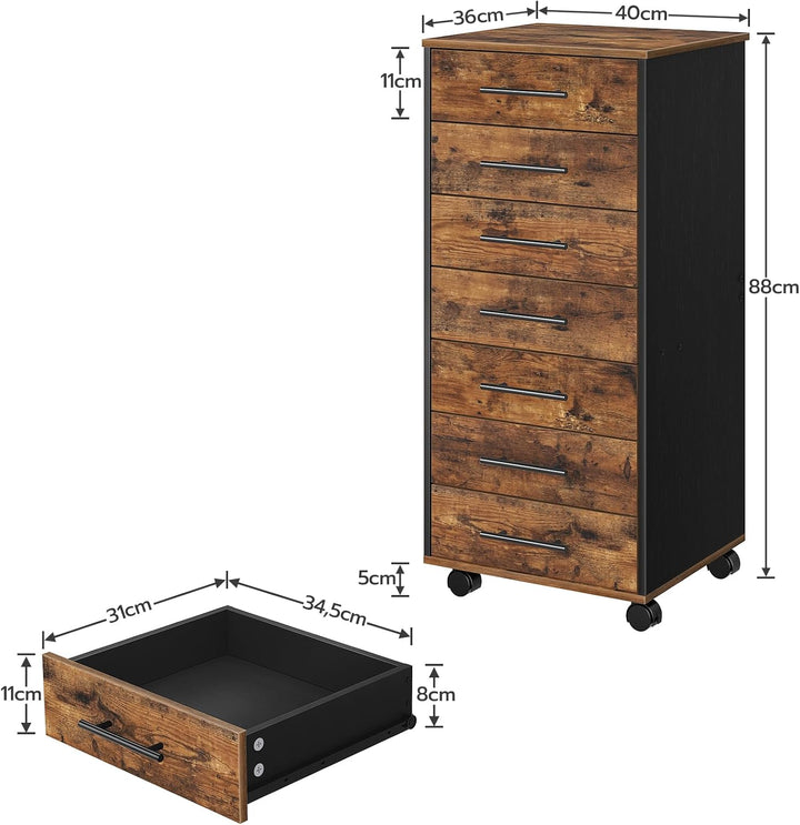 HOOBRO Rollcontainer mit 7 Schubladen, Aktenschrank, Holz Büroschrank, Büromöbel mit Schubladen, Auf