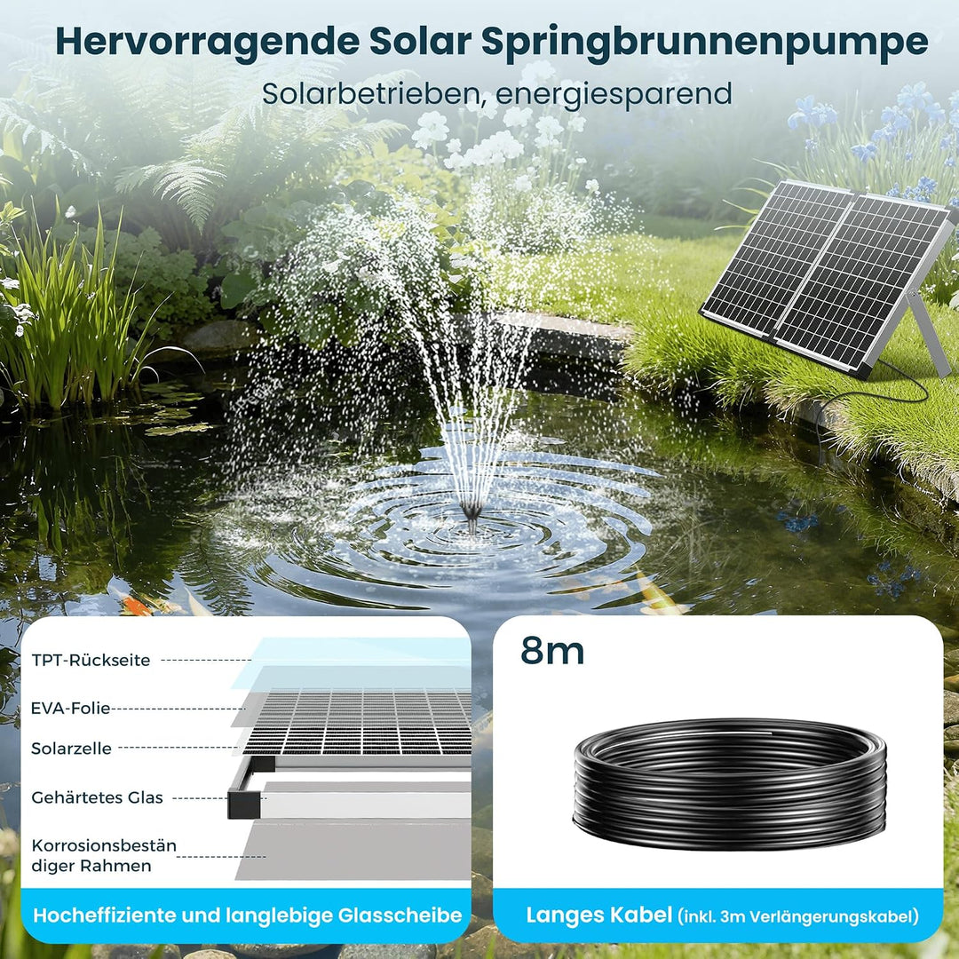 Biling 50W Solarbrunnen für Draussen mit 3 Düsen, 2100L/H Solar Springbrunnen für Aussen Grosse Gart