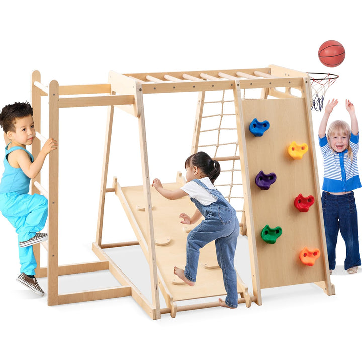 COSTWAY Klettergerüst Indoor, 6 in 1 Kletterleiter & Kletterstrick & Kletterfelsen & Rutsche & Affen