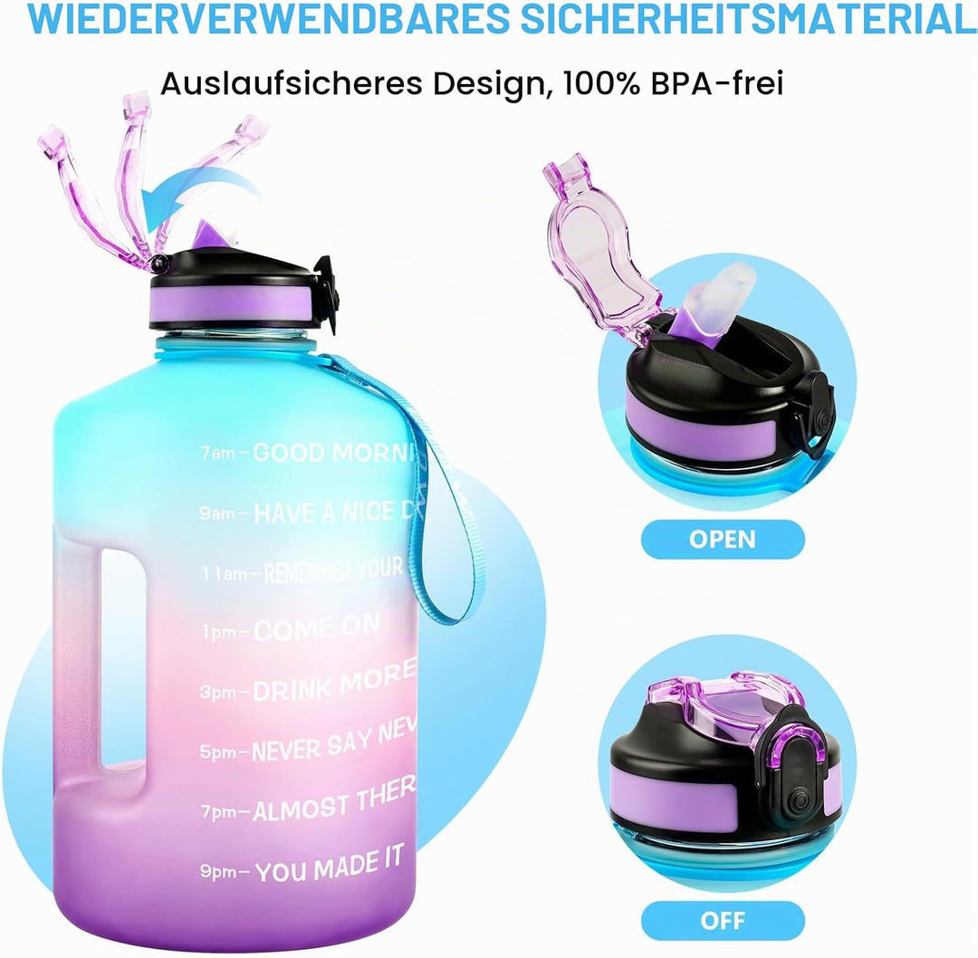 3,78 Liter Trinkflasche Sport mit Zeitangaben und Strohhalme, 3,78L Gross Sportflasche BPA Frei, Aut