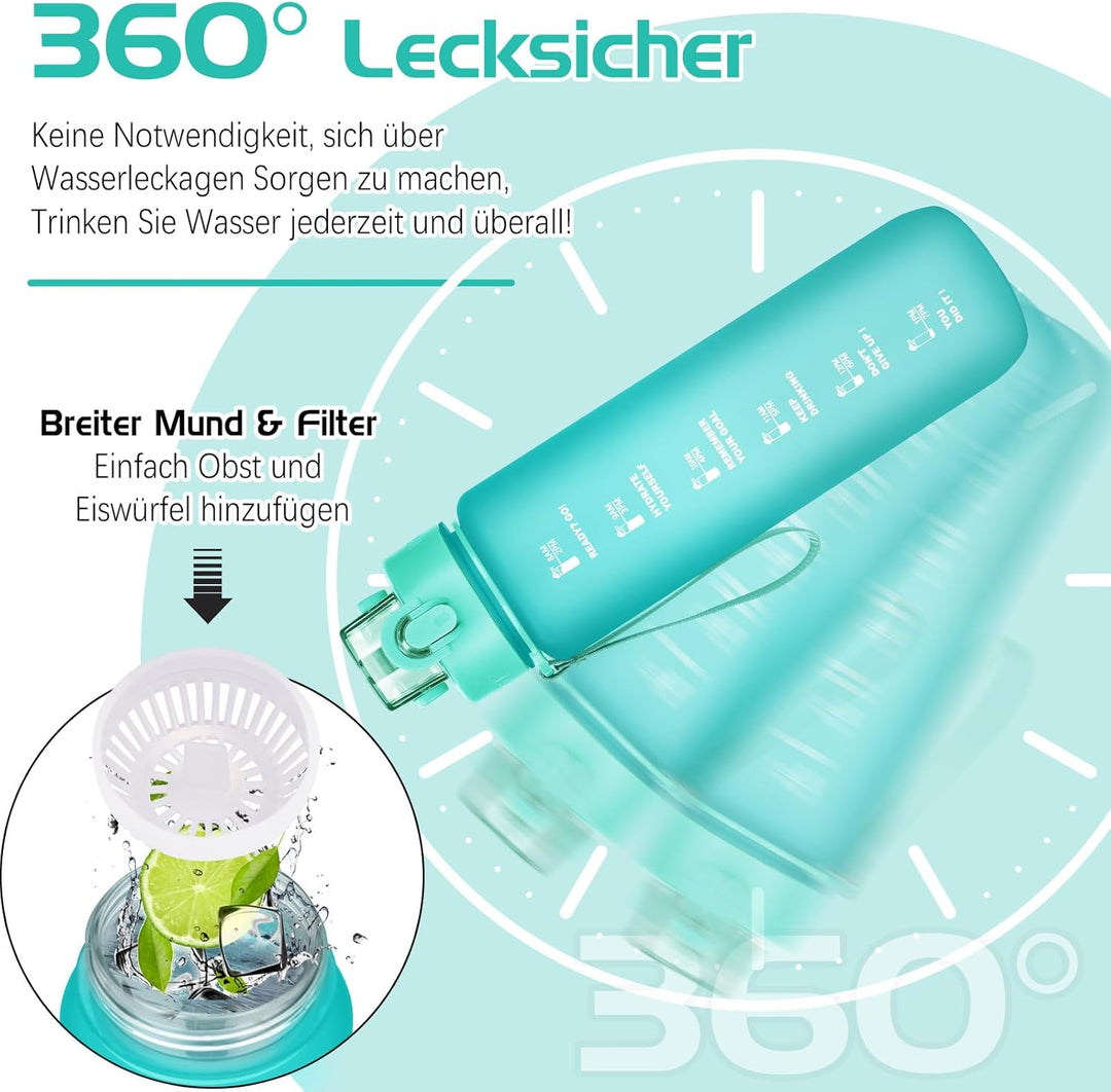 AOHAN Trinkflasche, 1l Wasserflasche BPA-Frei, Trinkflasche Sport Auslaufsicher, Sportflasche mit Ze