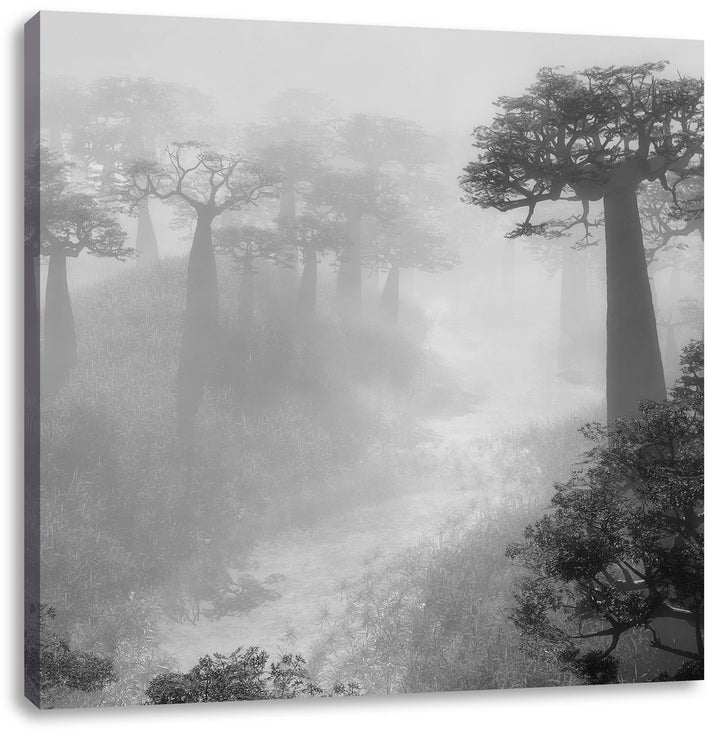 Pixxprint Mysteriöser Wald im Nebel als Leinwandbild Quadratisch/Grösse: 70x70 / Wandbild/Kunstdruck