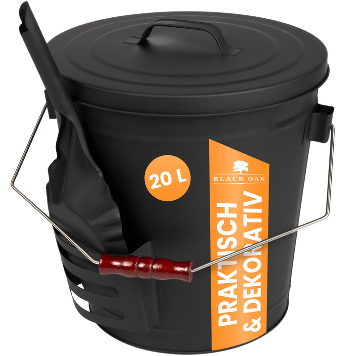 BLACK OAK Ascheeimer Stromboli 20L – schwarz mit Deckel & Schaufel - Bügel Silber - gross 20 Liter S