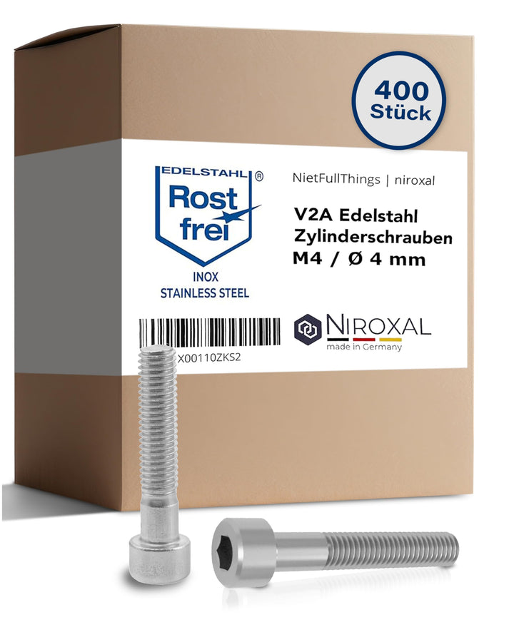 Edelstahl Zylinderkopfschraube rostfrei V2A M4 (=4 mm) 70-mm Schrauben-Länge 400 Stück 20-mm Teil-Ge