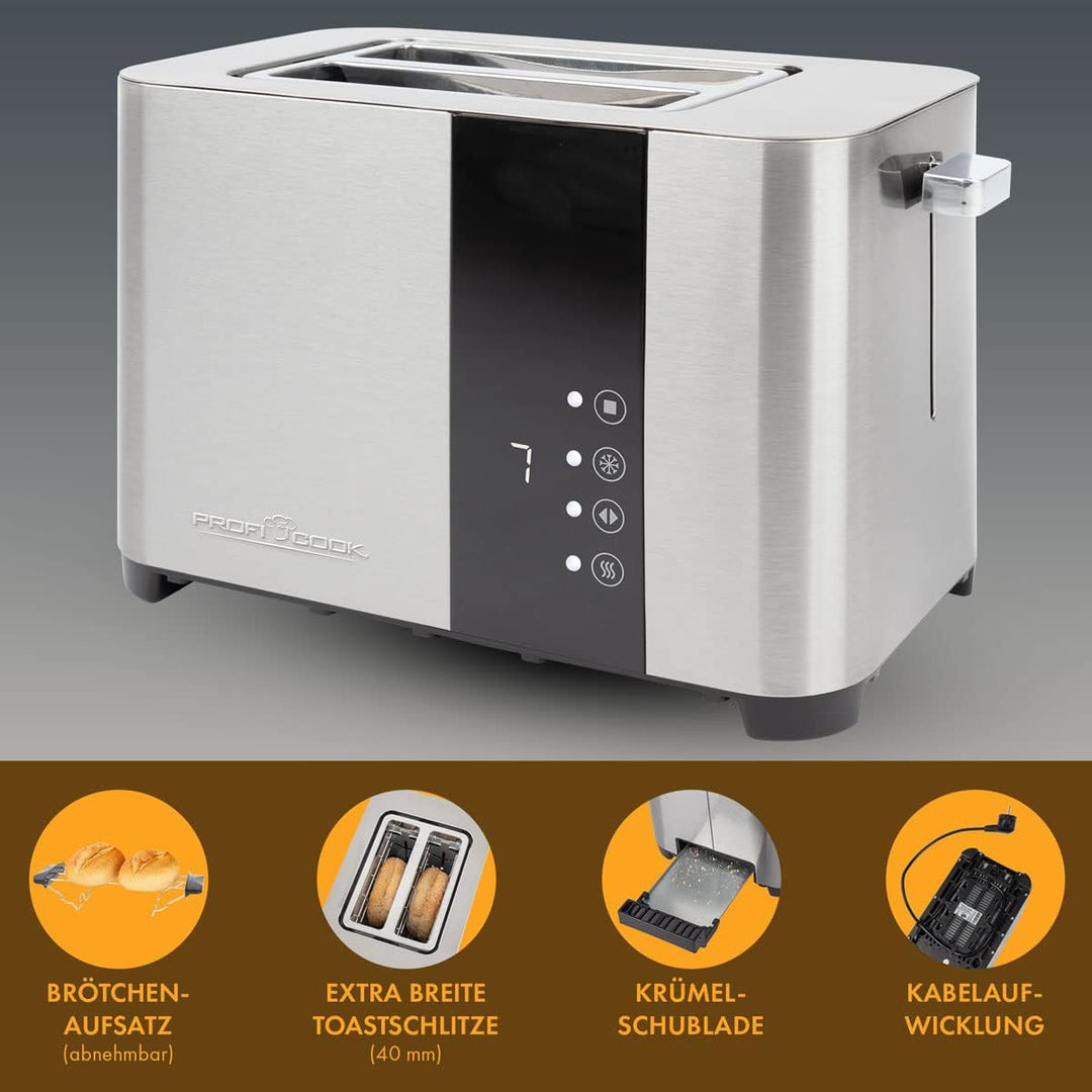 ProfiCook Toaster, Toaster 2 Scheiben mit Sensor Touch Bedienung, Auftau-, Aufwärm-/ Schnellstoppfun