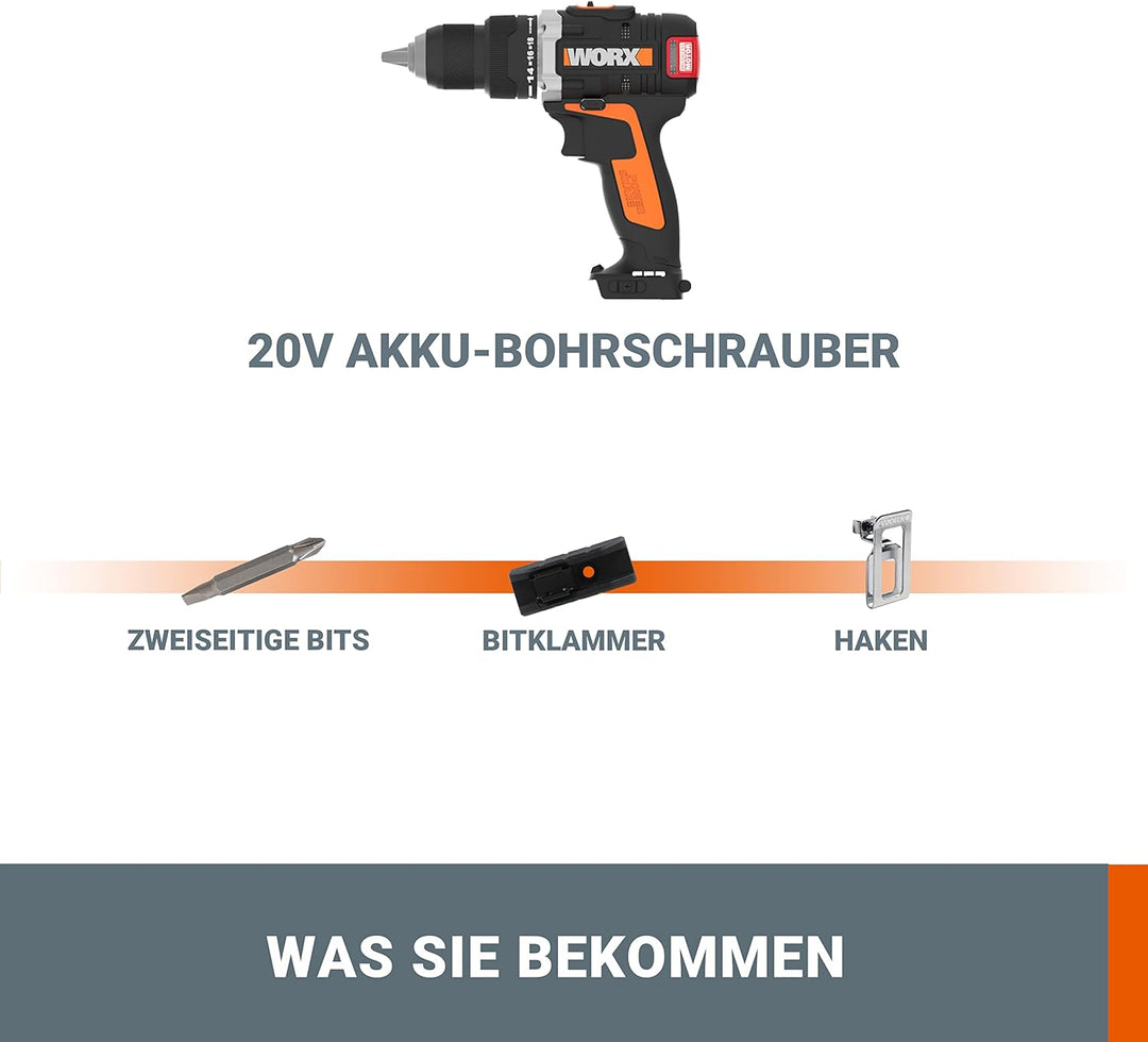 WORX WX175.9 Akku Bohrschrauber 20V – Bürstenloser Akkuschrauber - 60Nm, 2-Gang-Getriebe & LED-Licht