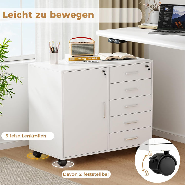 BEWISHOME Rollcontainer Schreibtisch mit 5 Schubladen, Aktenschrank Abschliessbar mit 5 Rollen, 1 Sc