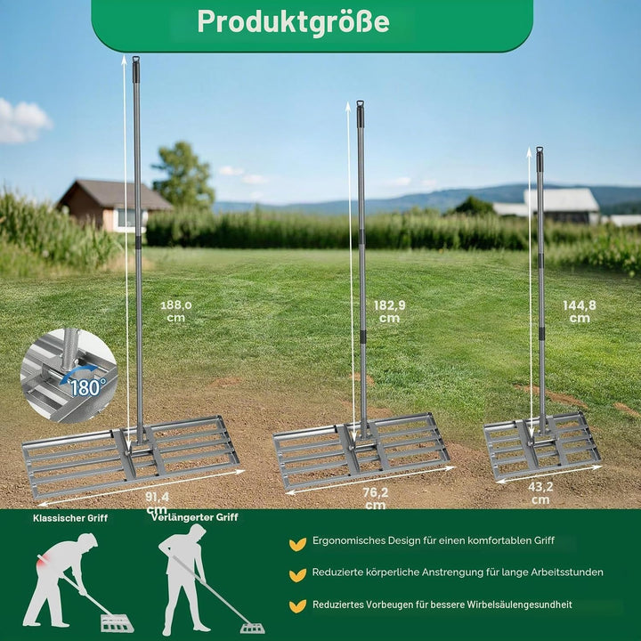 Rasen Nivellierrechen 76×26 cm, Heavy-Duty Garten Rasenrakel aus Karbonstahl, vollverschweisste Nive