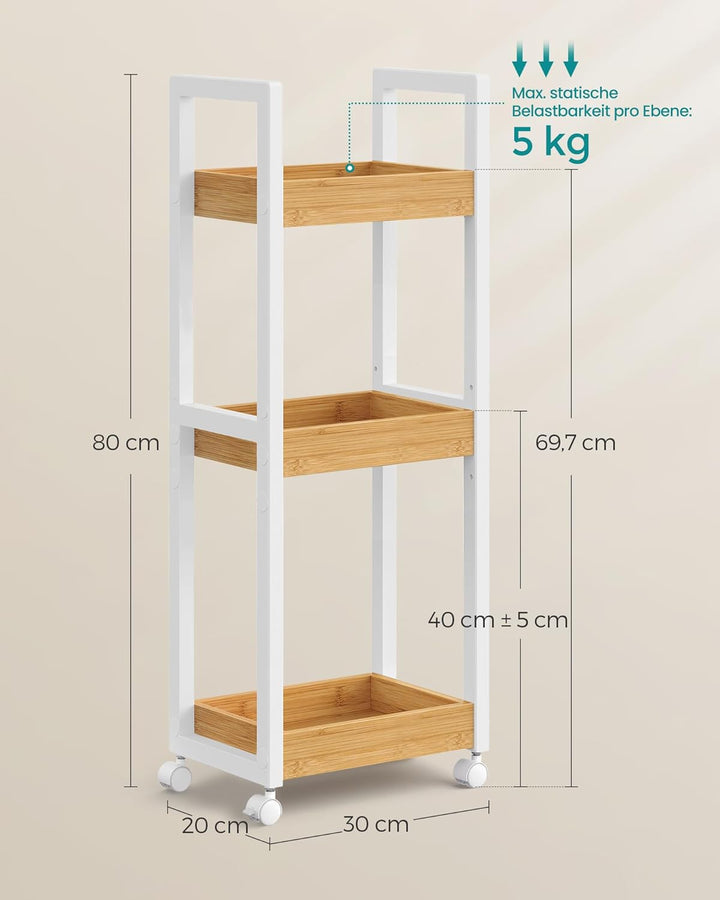 SONGMICS Rollwagen, Badregal, Badezimmerregal mit 3 Ebenen, Nischenregal Bambus, Regal schmal, Nisch