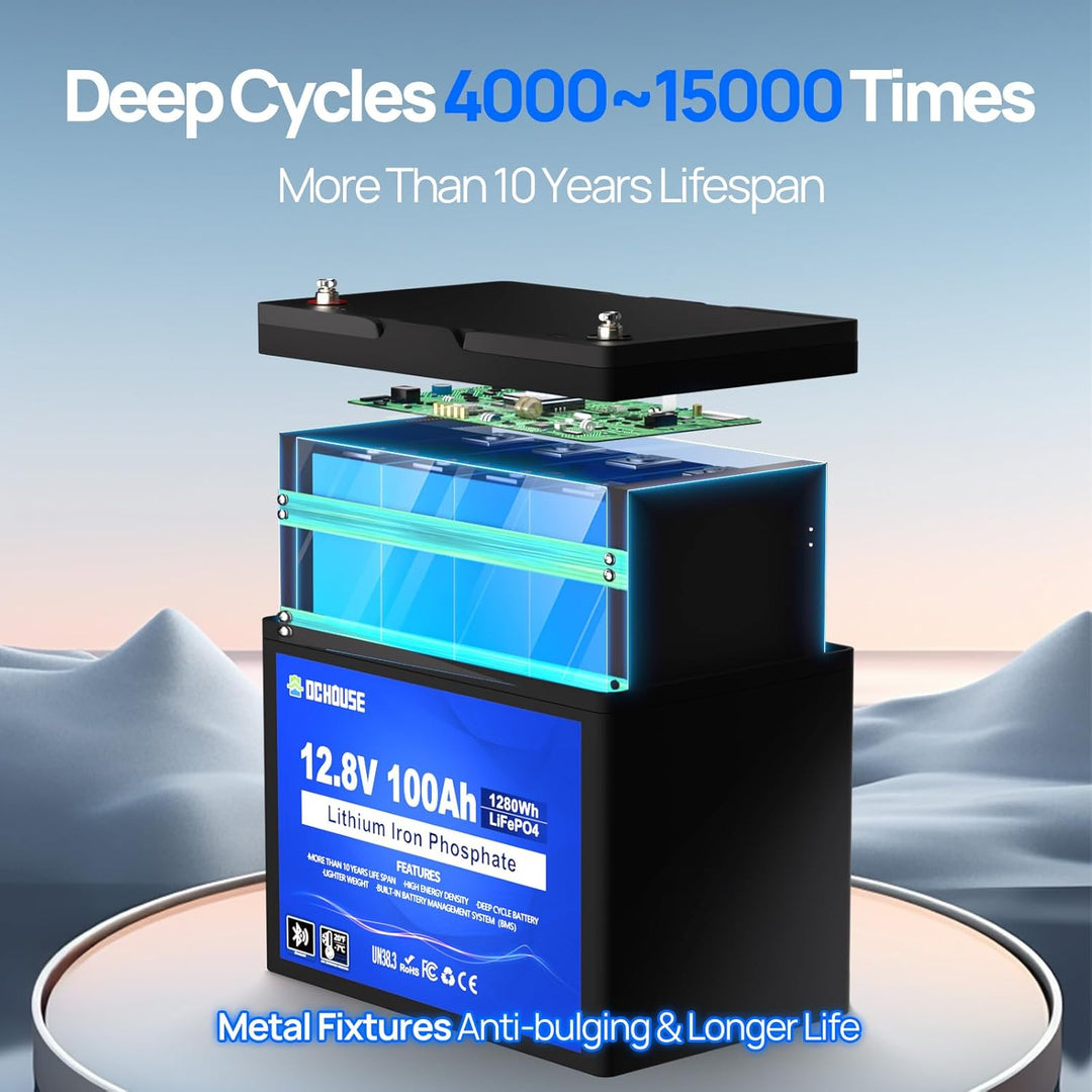 DCHOUSE 12V 100Ah LiFePO4 Batterie, Verbessertes 100A BMS, Bis zu 15000 Zyklen, 1280Wh Lithium Akku,