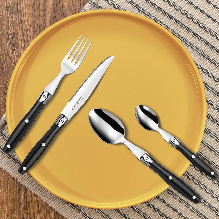 Lou Laguiole Steakbesteck | Steakmesser Set 24-teilig | Besteck für 6 Personen | Schwarz | Wellensch