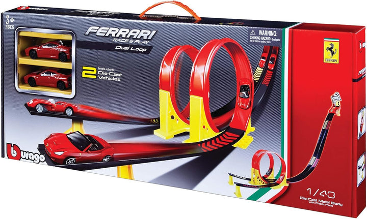 Bburago Ferrari Dual Loop: hochwertiges, lizensiertes Spieleset mit Looping inkl. 2 Spielzeugautos,