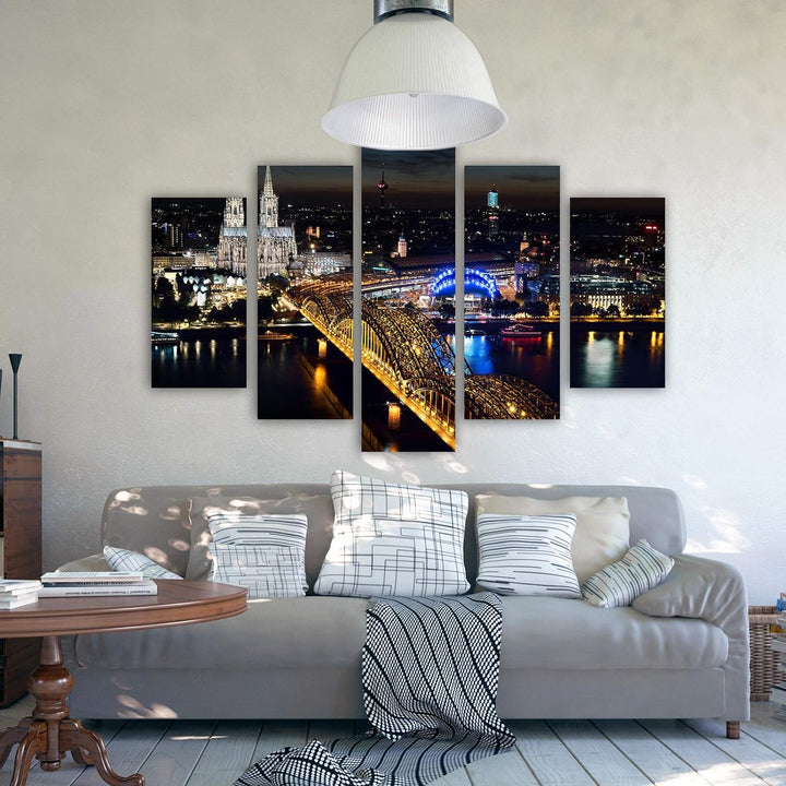 Feeby Bild auf Leinwand Köln 5 Teilig Modern Stadt Nacht Architektur bunt 150x100 cm Leinwandbild 15