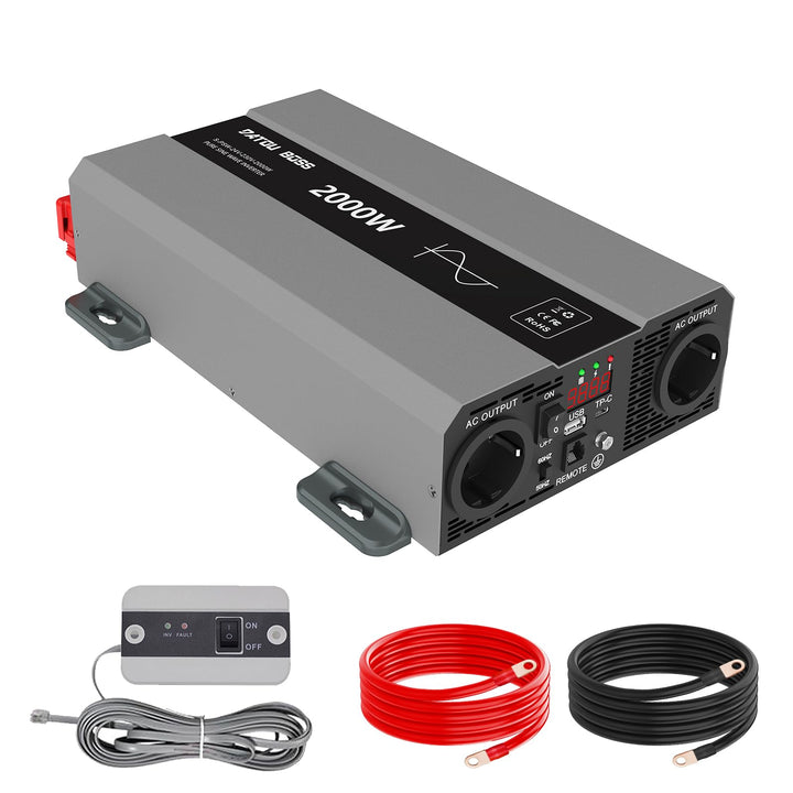 DATOUBOSS Wechselrichter 2000W 24V auf 230V, Reiner Sinus Spannungswandler, Power Inverter mit 2 AC-