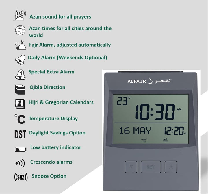 ALFAJR Tischwecker, Kompakte Solide Ausführung, Digitale Uhr mit Azanrechner und Hijrikalender Grau,
