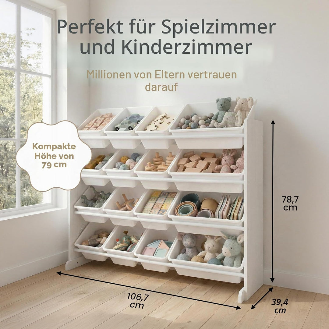 Humble Crew extragrosses Kinderregal aus Holz, Weiss! 16 Kunststoffboxen für Spielzeug, ideal für Ki