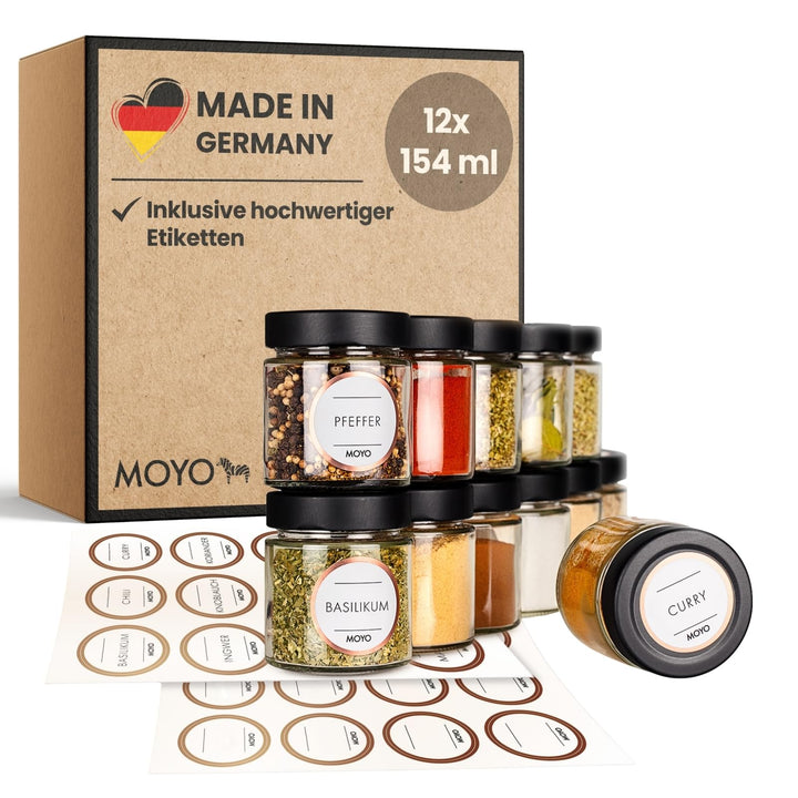 MOYO Gewürzgläser - hochwertige Gewürzdosen Made in Germany - 12er Set Gewürzbehälter mit Etiketten