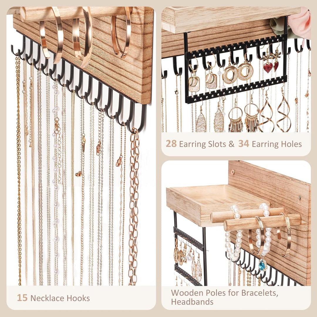 Lolalet Hängeschmuck Organizer, Hölzerne Schmuckaufbewahrungsregal mit 15 Haken, Wandmontierte Halsk