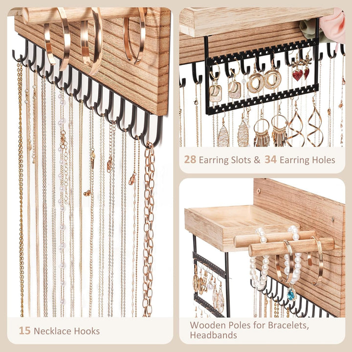 Lolalet Hängeschmuck Organizer, Hölzerne Schmuckaufbewahrungsregal mit 15 Haken, Wandmontierte Halsk
