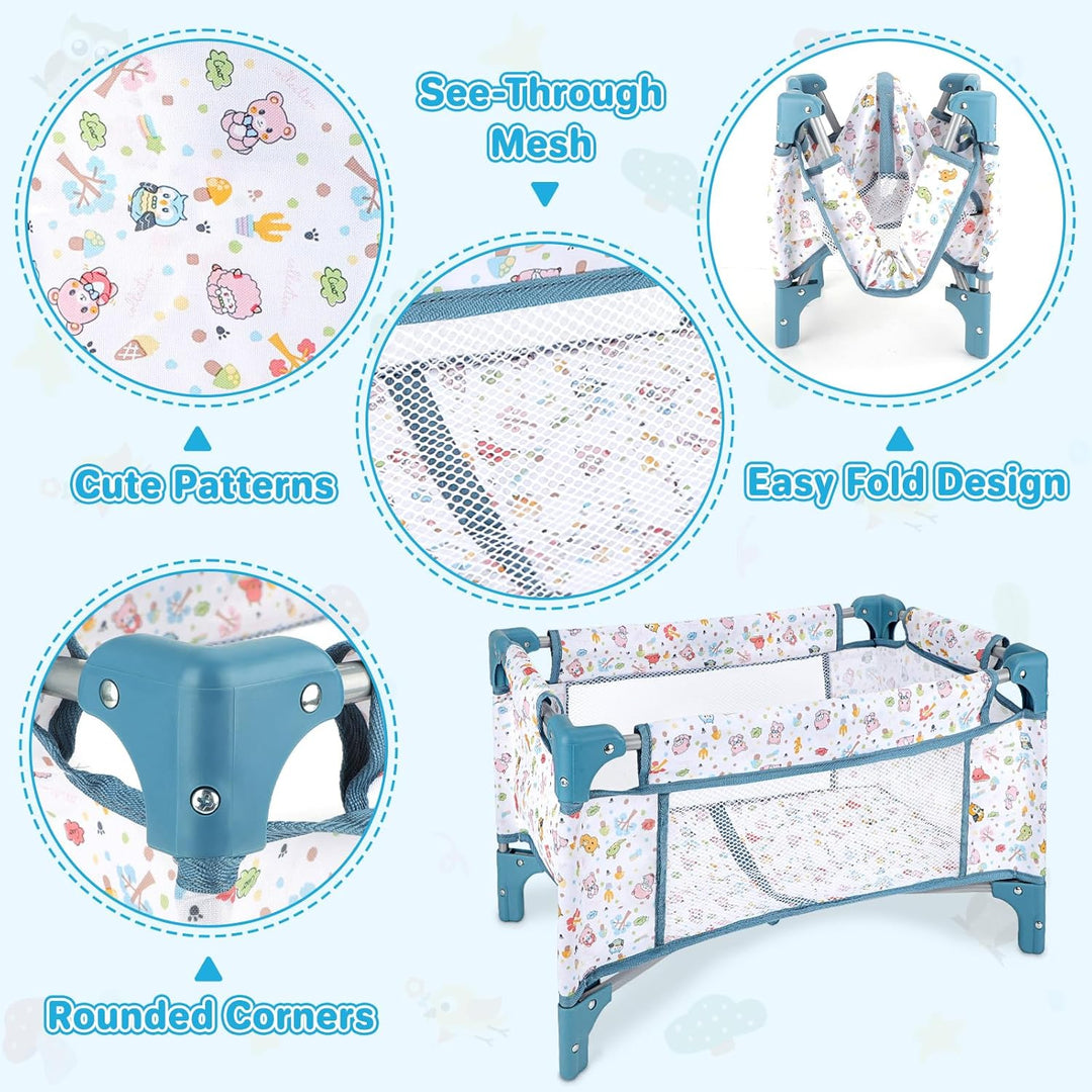 deAO Puppen-Reisebett Faltbar, Grosses Puppenbett für 30-53 cm Puppen - Blau