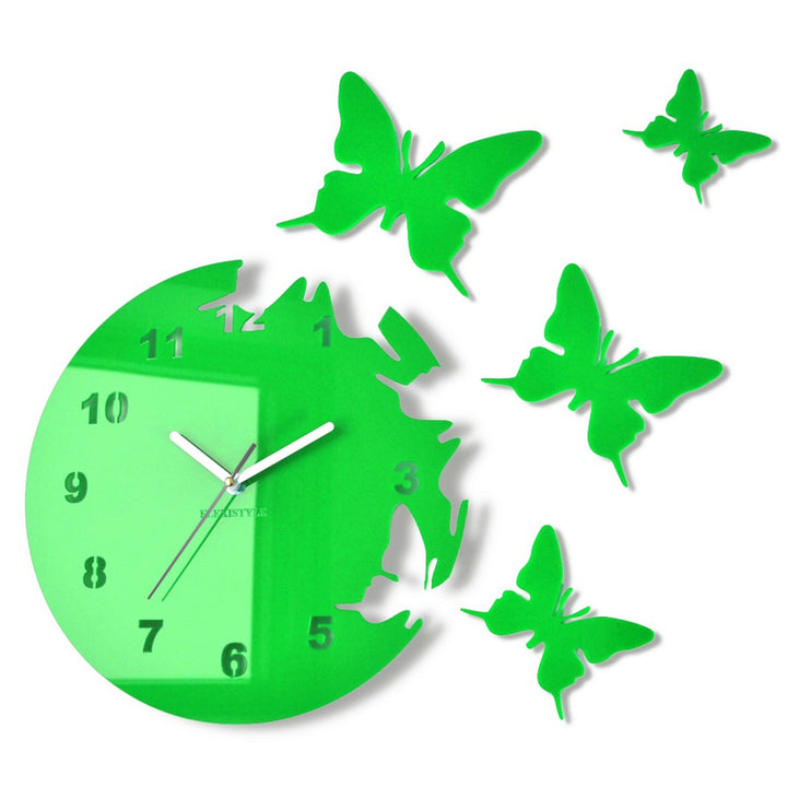 FLEXISTYLE Grosse Moderne Wanduhr Schmetterling Grün rund 30cm, 3D DIY, Wohnzimmer, Schlafzimmer, Ki