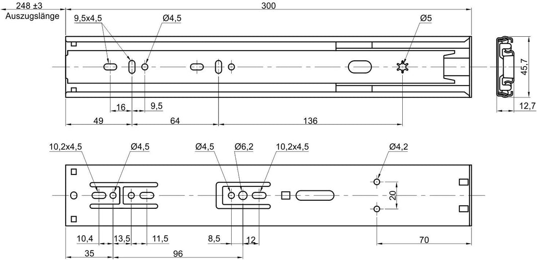 Junker 1 Ve (15 Paar) Vollauszüge KV1-45-H45-L300-SC 300 mm 45 Kg Tragkraft Schubladenschiene mit So