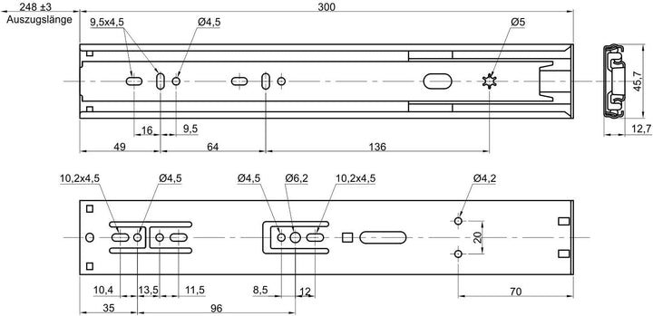 Junker 1 Ve (15 Paar) Vollauszüge KV1-45-H45-L300-SC 300 mm 45 Kg Tragkraft Schubladenschiene mit So