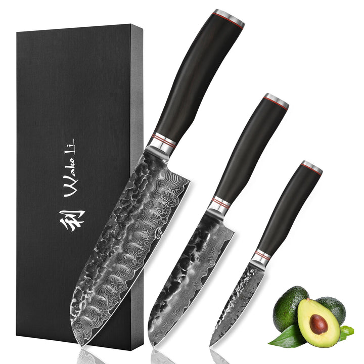 Wakoli Ebo 3er Damastmesser Set mit 9-18cm Klingen mit Hammerschlag gefertigt aus 67 Lagen echtem Da