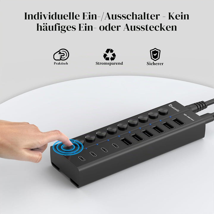 10 Port USB Hub mit Netzteil 60W - 10Gbps USB 3.2 Gen 2 Hub Aktiv aus Aluminium mit 6 USB-A & 4 USB-