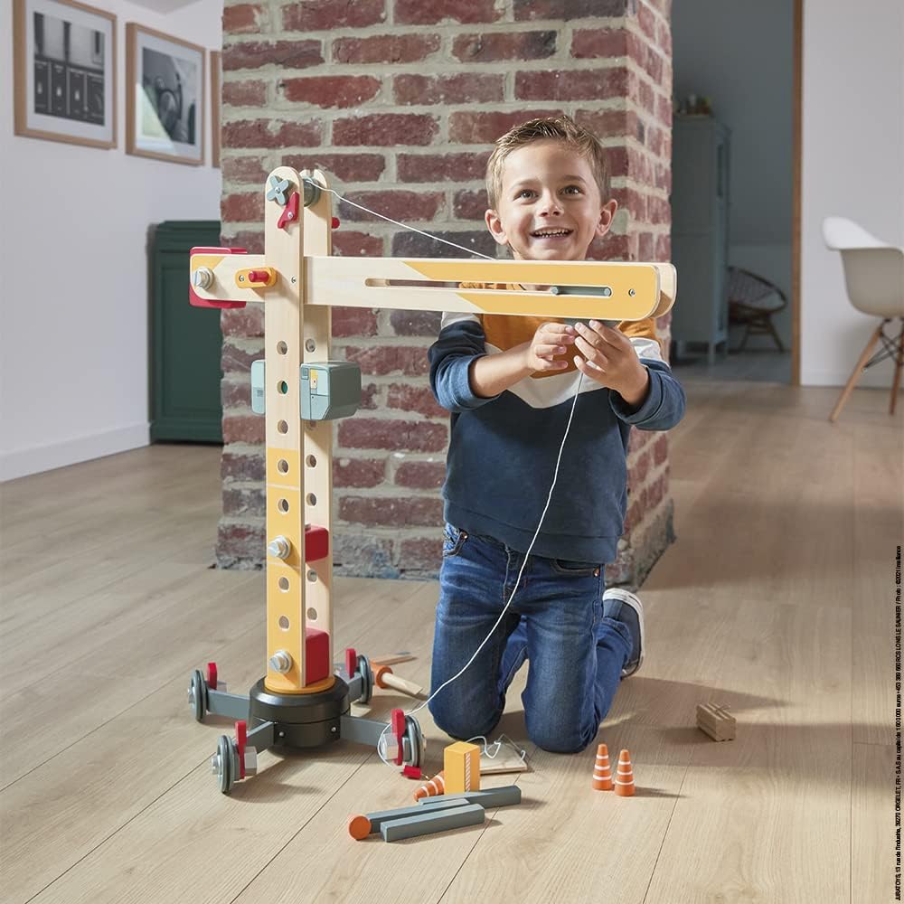 Janod - Grosser Holzkran 74 cm - Rollenspielzeug - Konstruktionsspiel - 360° Drehbar und Mobil - 12