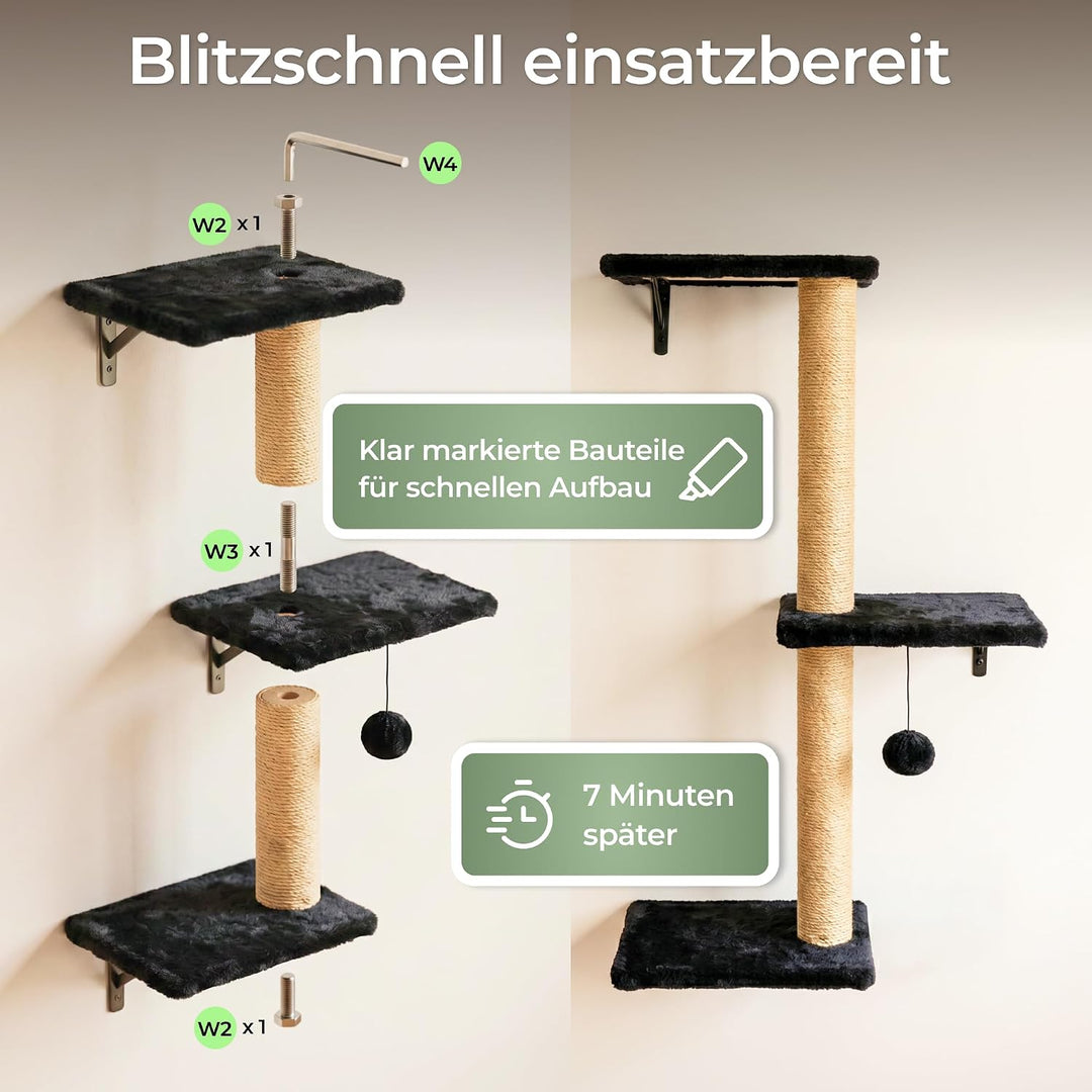 WOOWOOD® Kletterwand Katzen Set inkl. Katzentreppe Wand I Kratzbaum Wand I Hängematte Katze I Wandkr