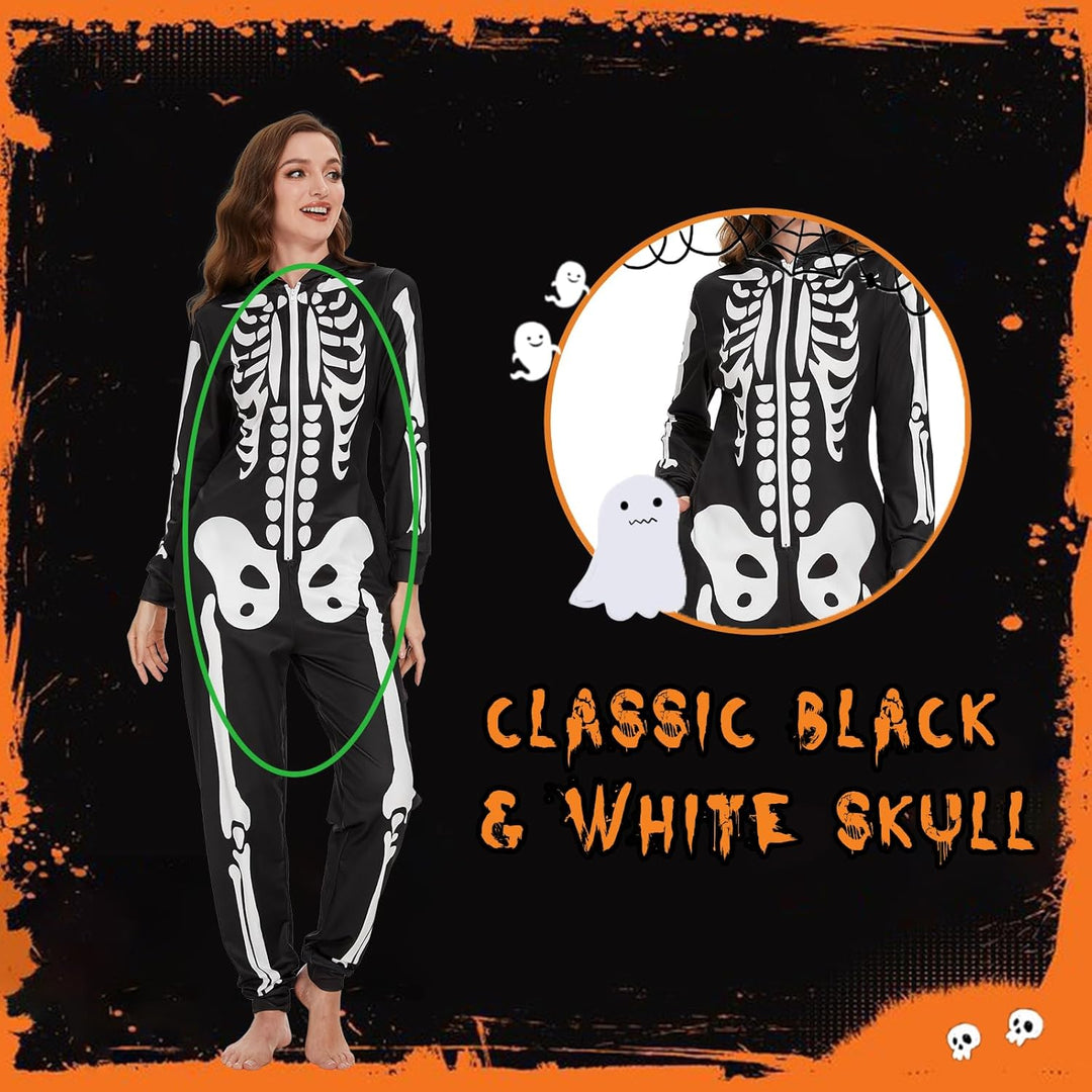 Ulikey Halloween Skelett Kostüm Damen, Halloween Skelett Onesie Overall Pyjama Erwachsene Damen Hall