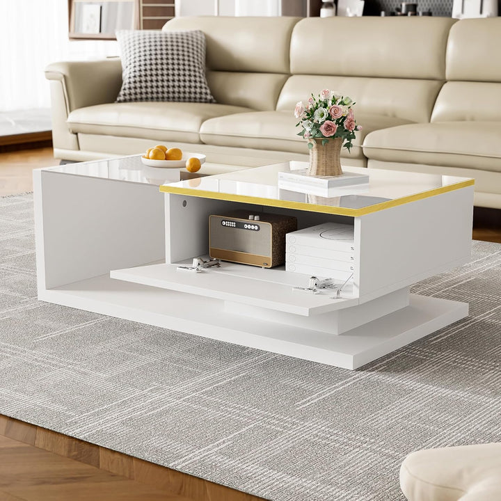 Merax Moderner LED Couchtisch, Wohnzimmertisch mit Stauraum, Hochglanz-Weiss Beistelltische, Couchti