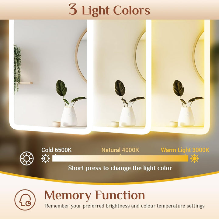 Clevich Badspiegel mit Beleuchtung 100×60 cm, LED Spiegel mit 3 Lichtfarben dimmbar, gehärtetes Glas