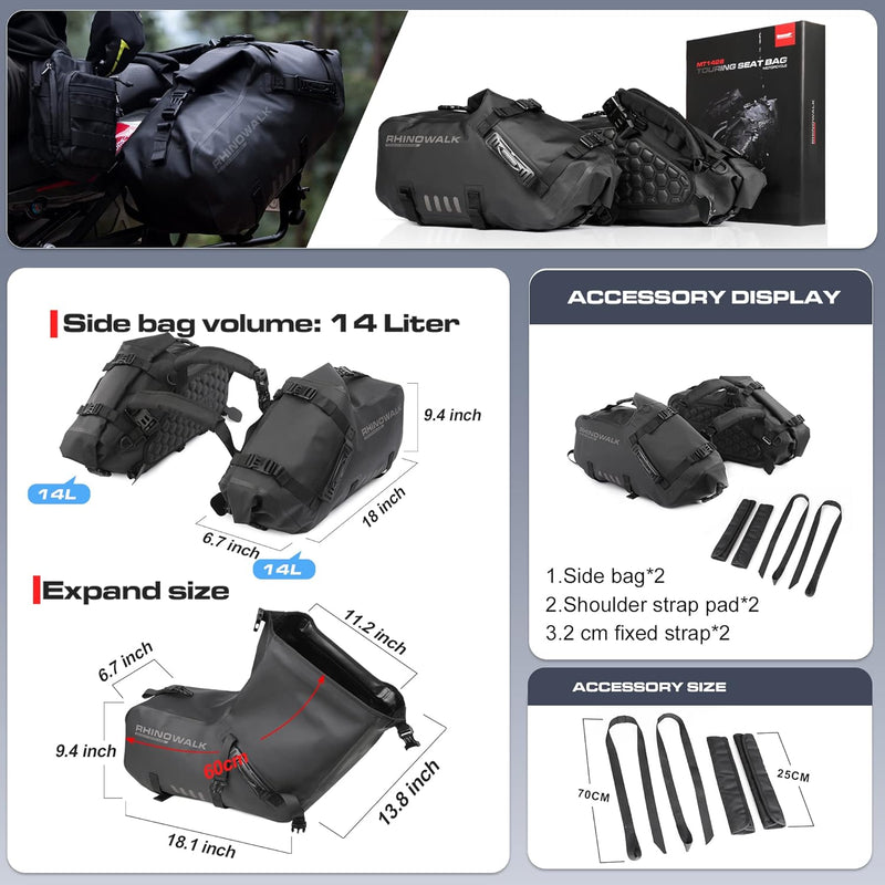 Rhinowalk Motorrad Satteltasche 28L (14L*2) Wasserdicht Motor Seitentasche Gepäcktasche Hecktasche H