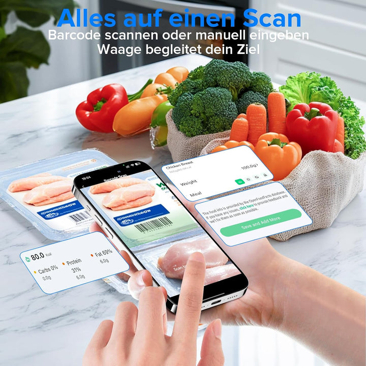 Belife Küchenwaage digital mit Nährwertberechnung, Ernährungswaage App verfolgt 19 Nährstoffe, Kalor