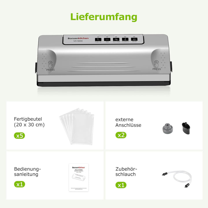 Bonsenkitchen Vakuumiergerät, 30 cm stabile Schweissnaht, Pulse-Funktion für Feuchtes, externer Vaku