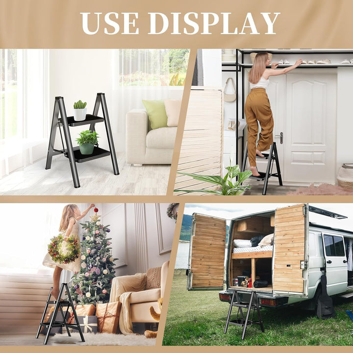 HBTower Trittleiter 2 Stufen Klappbar, Leiter mit breitem Anti-Rutsch-Pedal, Tritthocker mit 150kg K