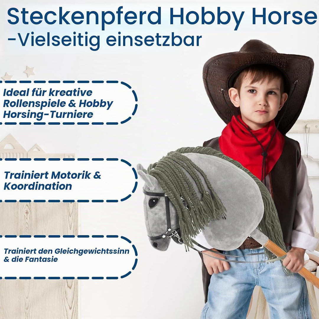 Hobby Horse für Kinder, Steckenpferd Spielzeug Pferd mit Halfter und Zügeln, Holzpferd Plüschpferd S