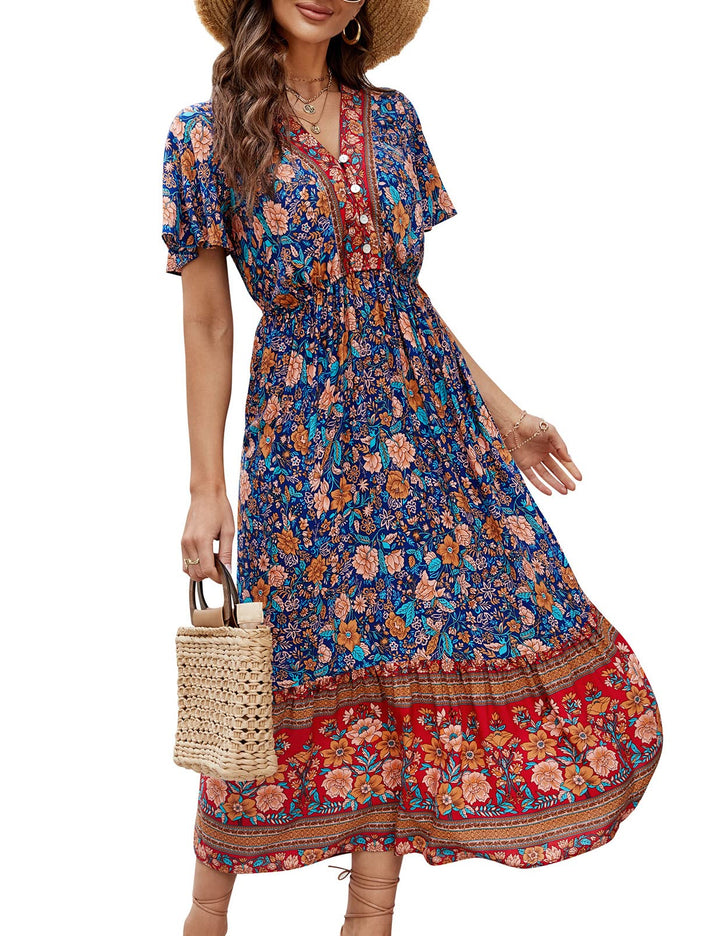 Clearlove Damen Sommerkleid Boho Kurzarm Midi Kleider V-Ausschnitt Strandkleid lang Blumenkleid Rüsc