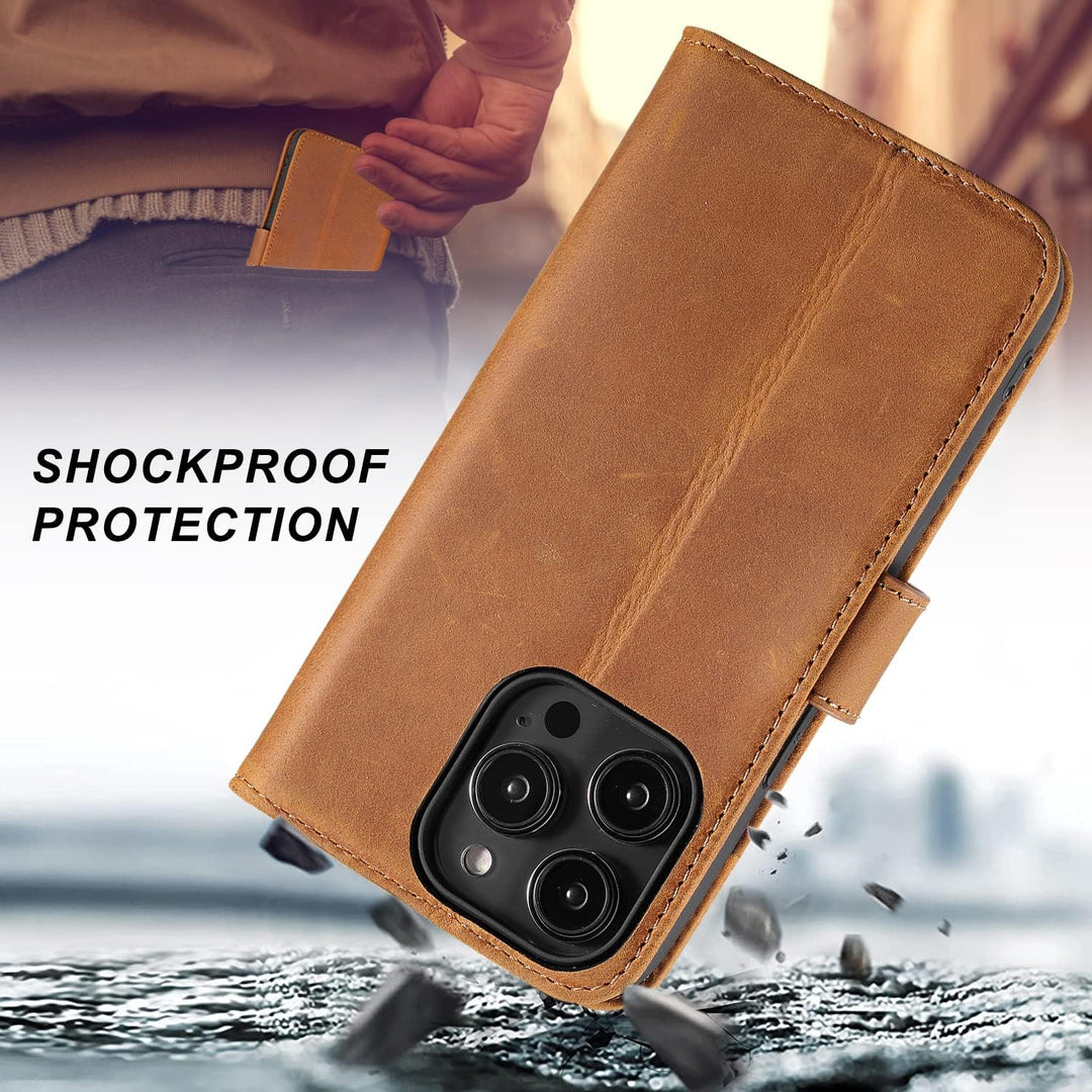 LENSUN Echtleder Hülle für iPhone 14 Pro, Handyhülle [Echtes Leder][Magnetverschluss][RFID Schutz] H