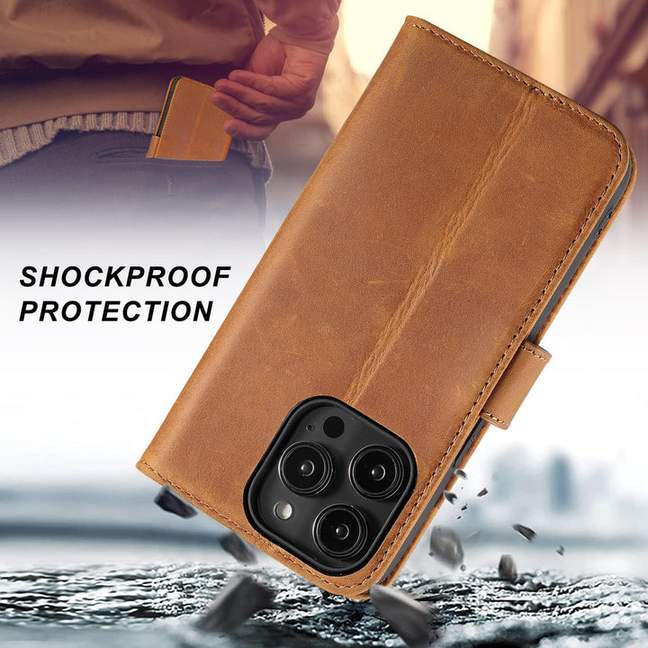 LENSUN Echtleder Hülle für iPhone 14 Pro, Handyhülle [Echtes Leder][Magnetverschluss][RFID Schutz] H