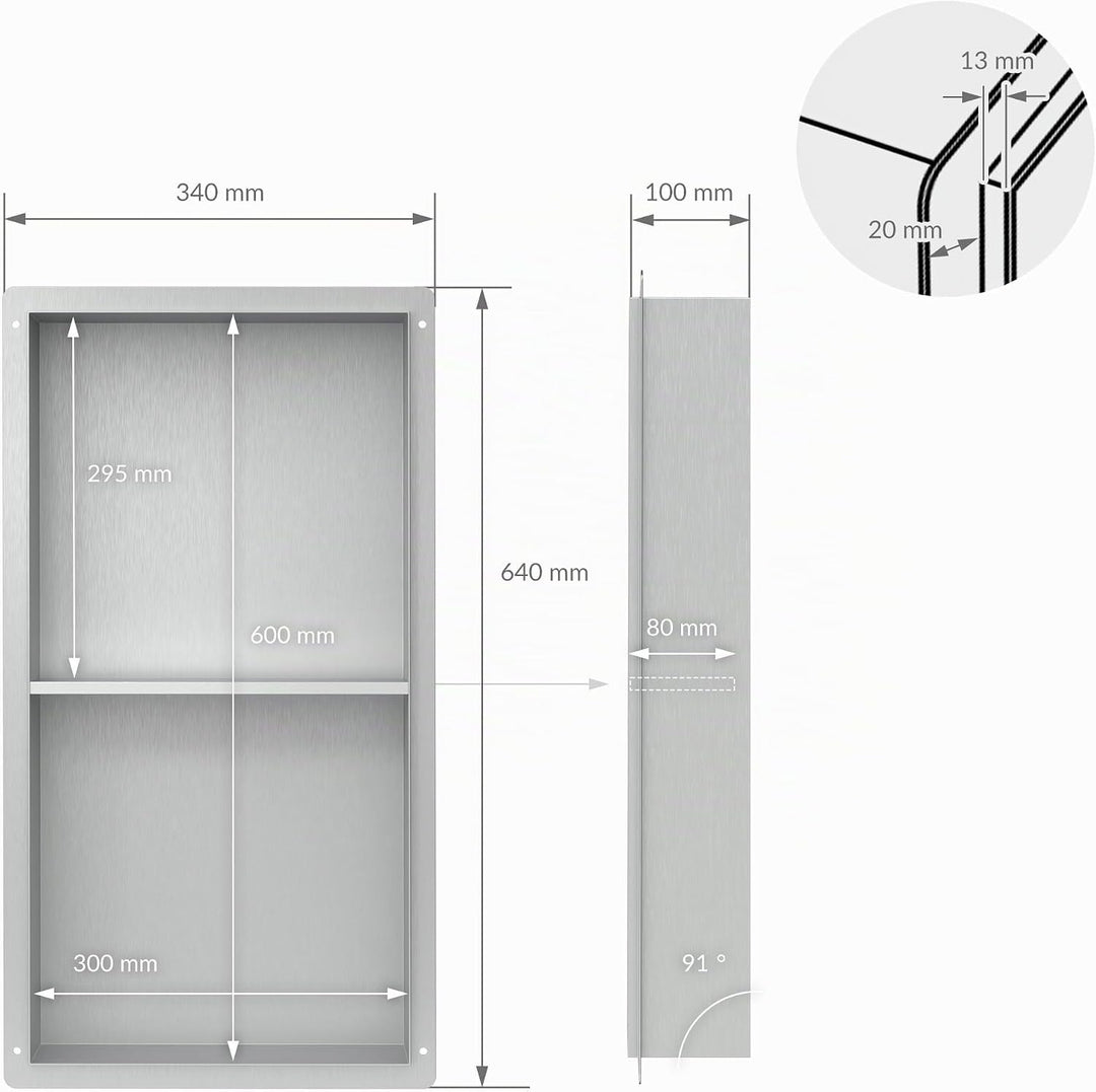 LuxeBath Wandnische Doppel aus Edelstahl, 30x60x10 cm, Silber, Duschnische, Randlos, Einbauregal, Fl