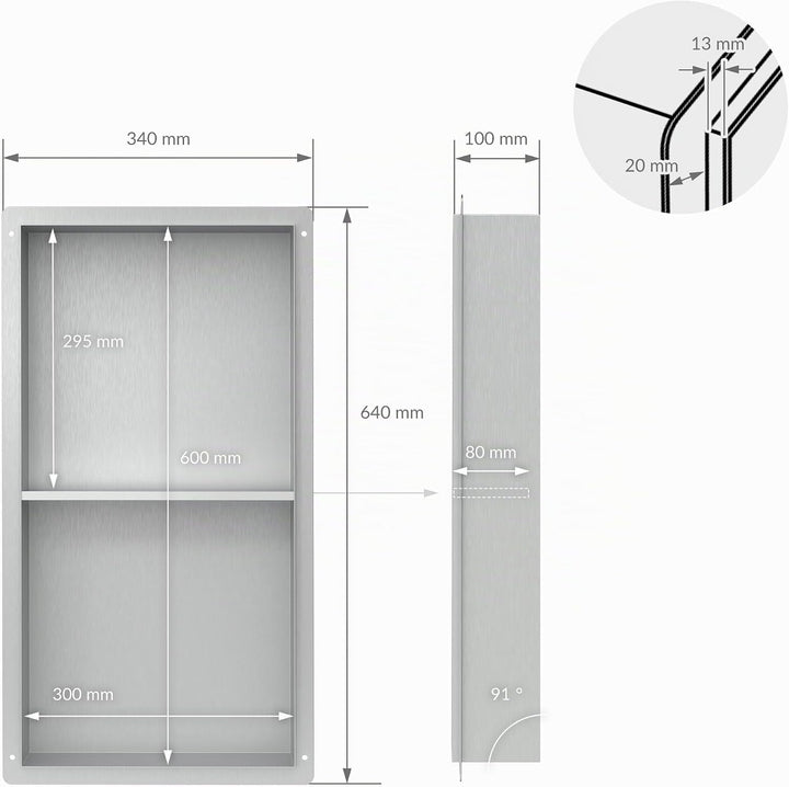 LuxeBath Wandnische Doppel aus Edelstahl, 30x60x10 cm, Silber, Duschnische, Randlos, Einbauregal, Fl