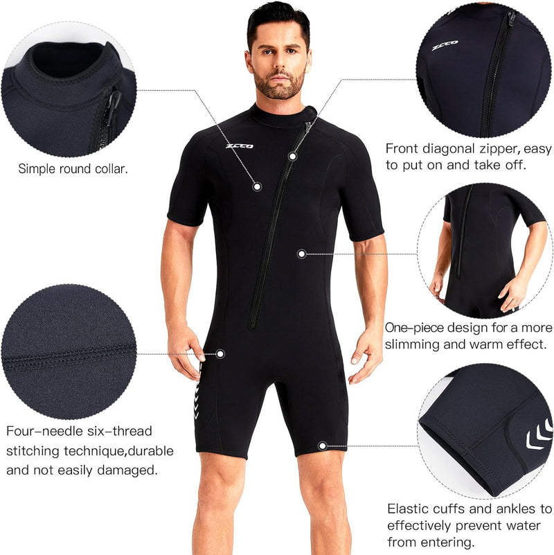 ZCCO Herren Shorty Neoprenanzuge 3 mm Neopren Damen Frontreissverschluss Tauchanzug zum Tauchen Schw