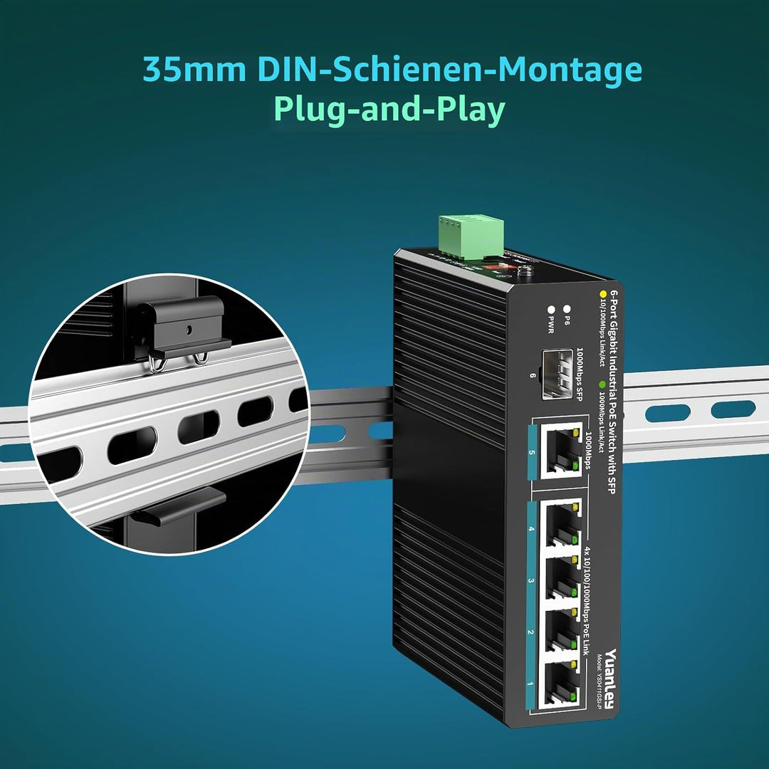 YuanLey 6-Port Industrie-Switch mit 4-Port PoE Gigabit, 1x 1000Mbps Uplink, 1x SFP Port, Unmanaged D