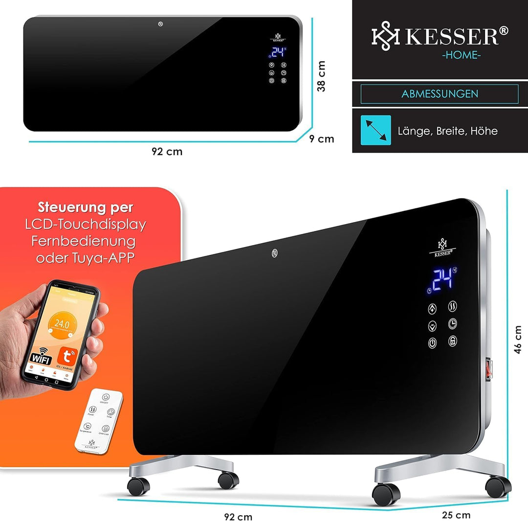 Kesser® Elektro Glasheizung Konvektor Elektroheizung Heizung Heizkörper (Schwarz), Schwarz