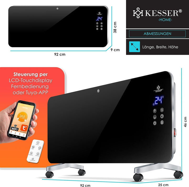 Kesser® Elektro Glasheizung Konvektor Elektroheizung Heizung Heizkörper (Schwarz), Schwarz