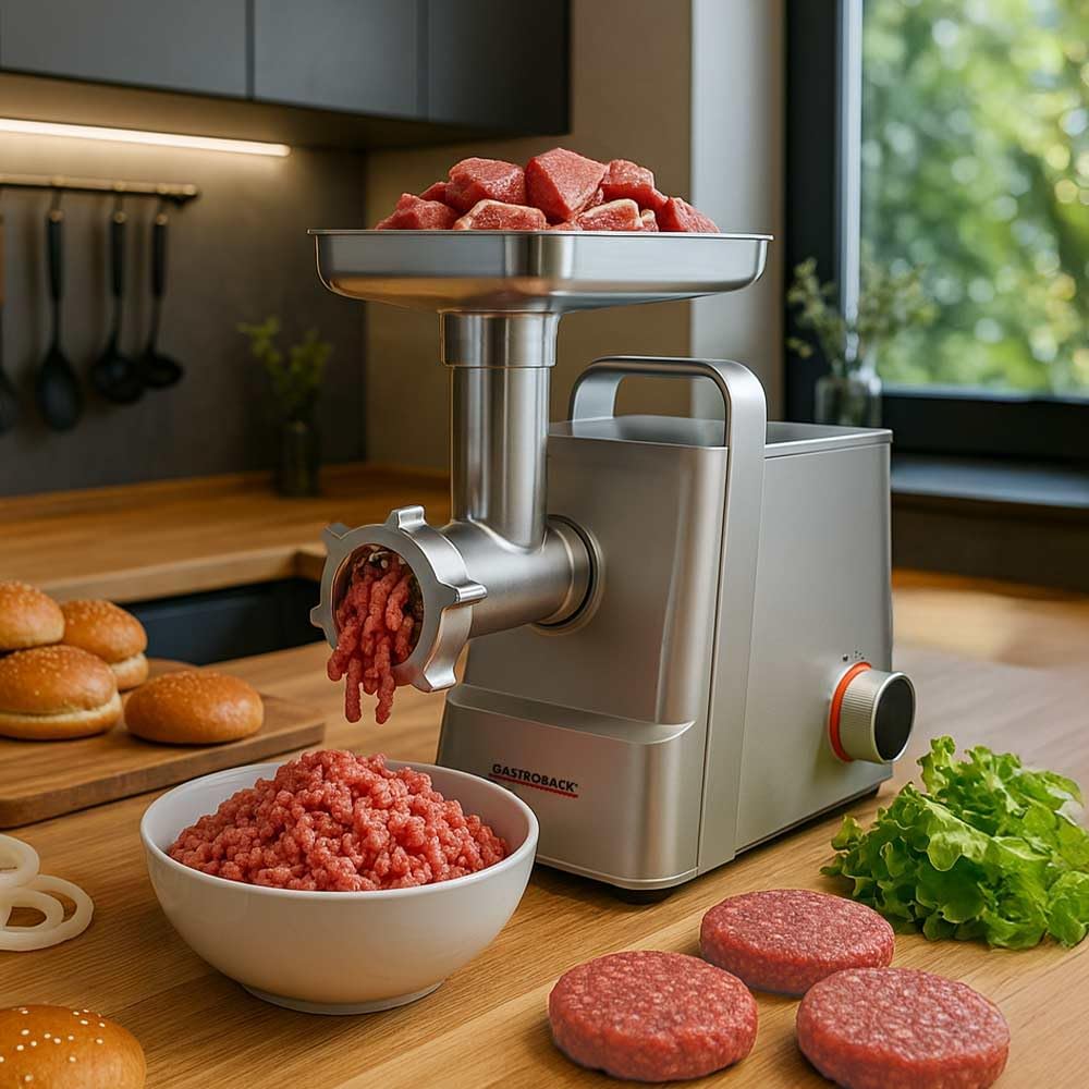 GASTROBACK DESIGN Fleischwolf 6-in-1 Plus #6 – elektrischer Fleischwolf mit 700 W, Rücklauf, Spritzg